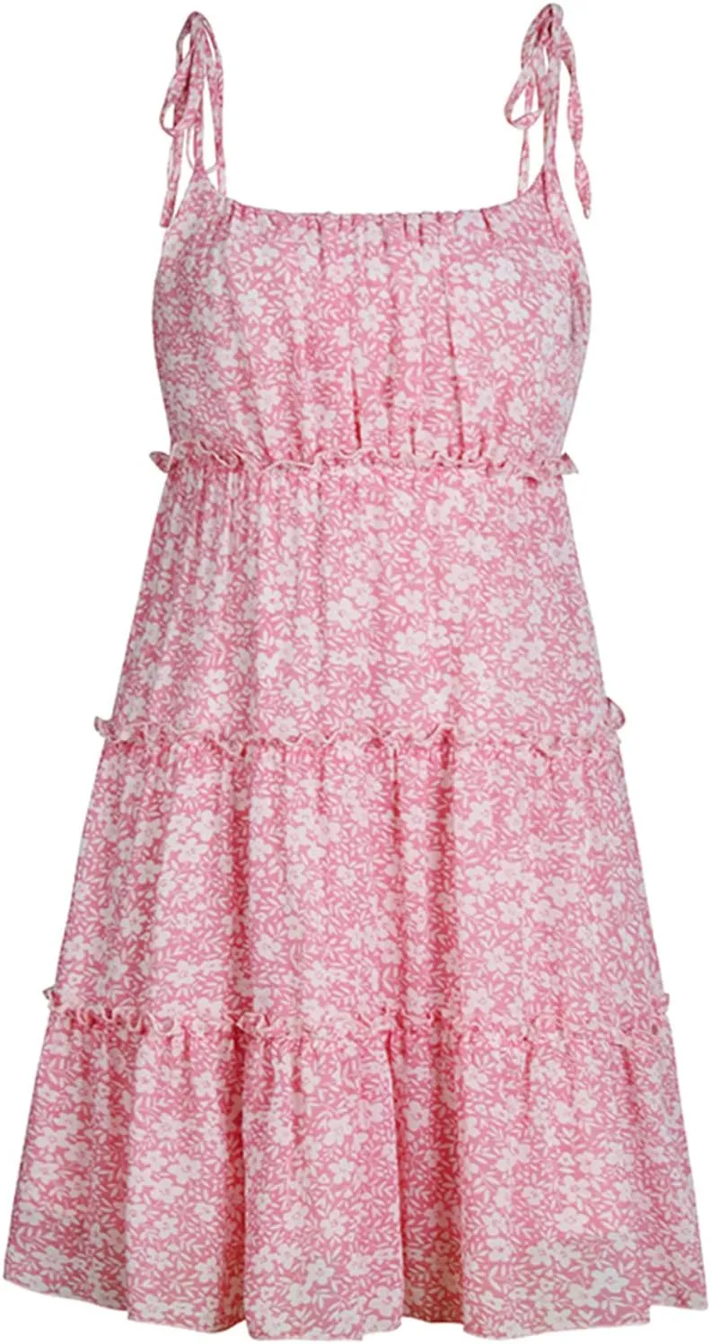 Mansy Womens 2024 Summer Floral Mini Dress Boho Flowy Skater Dresses Short Sleeveless Ruffle Spaghetti Strap Dress