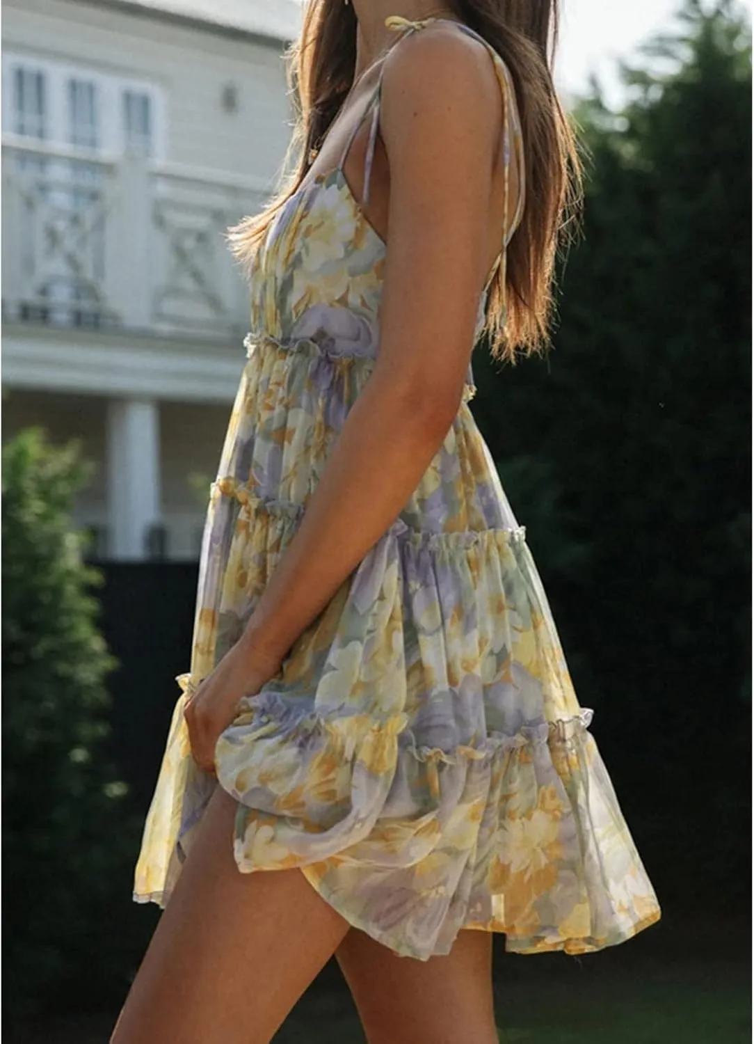 Mansy Womens 2025 Summer Floral Mini Dress Boho Flowy Skater Dresses Short Sleeveless Ruffle Spaghetti Strap Dress