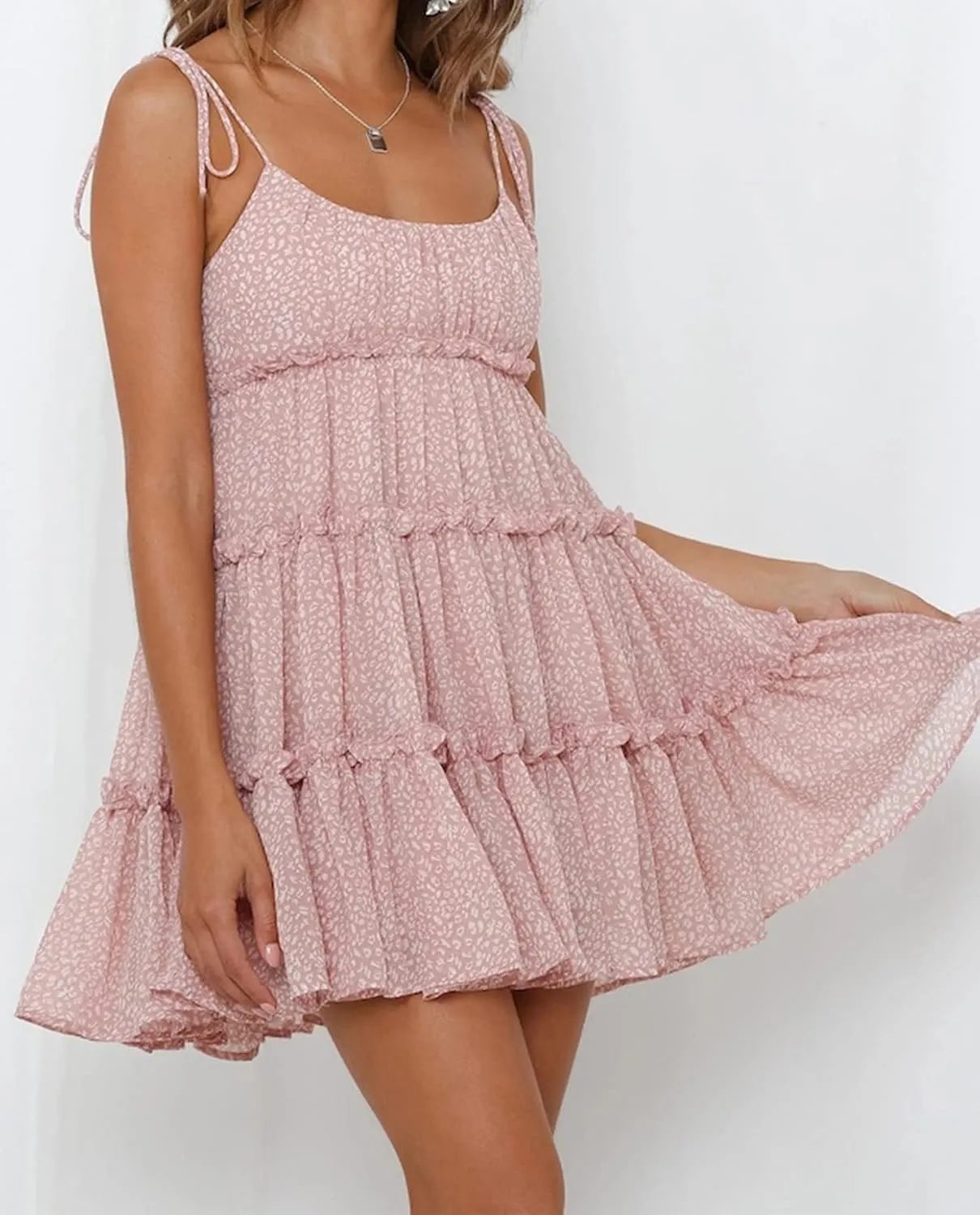 Mansy Womens 2025 Summer Floral Mini Dress Boho Flowy Skater Dresses Short Sleeveless Ruffle Spaghetti Strap Dress