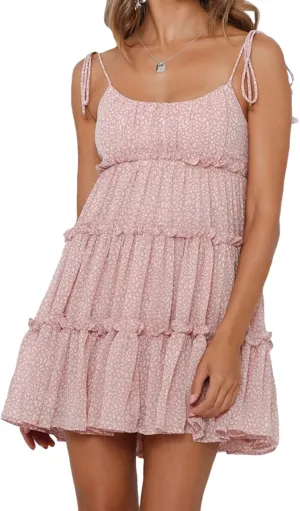 Mansy Womens 2025 Summer Floral Mini Dress Boho Flowy Skater Dresses Short Sleeveless Ruffle Spaghetti Strap Dress