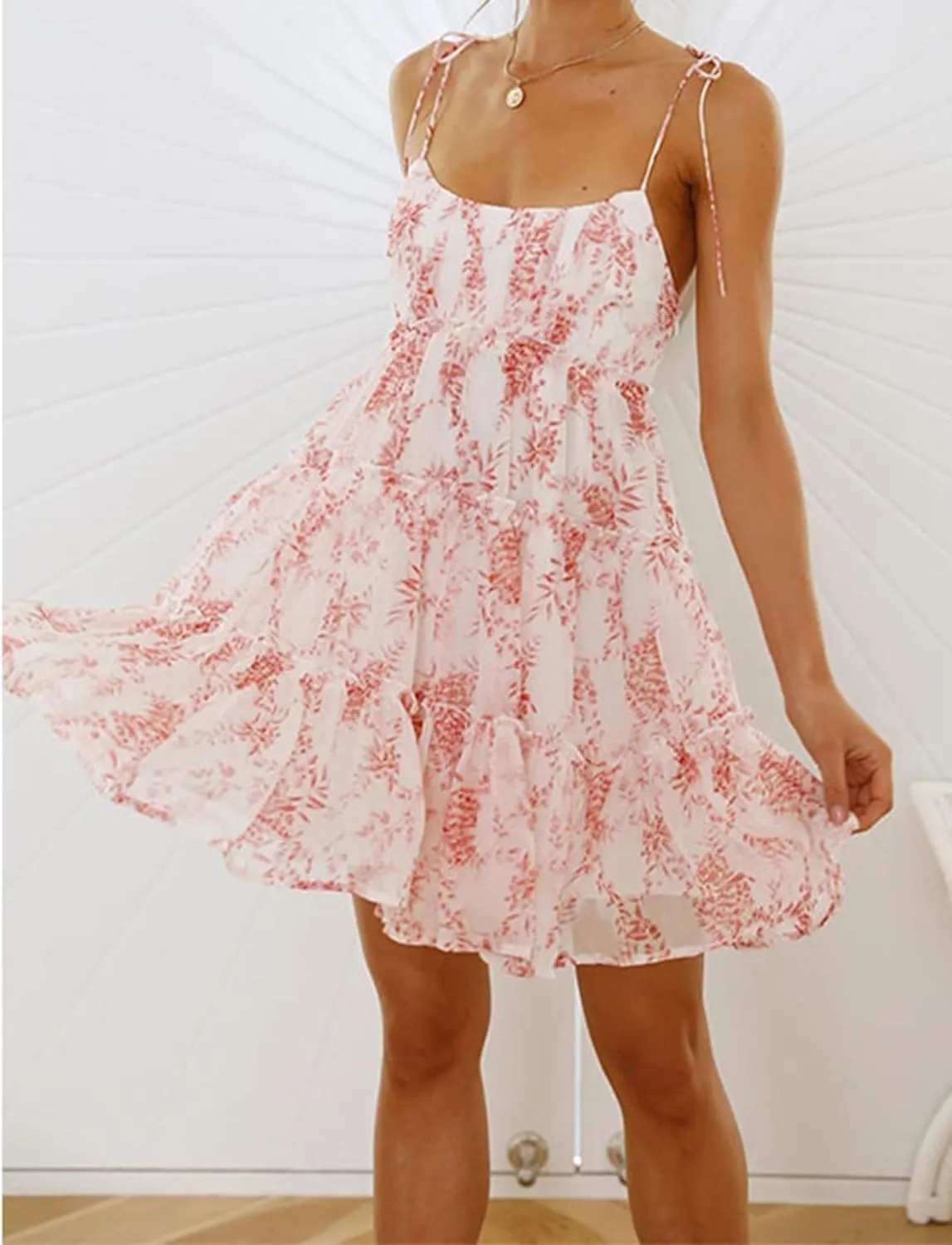 Mansy Womens 2025 Summer Floral Mini Dress Boho Flowy Skater Dresses Short Sleeveless Ruffle Spaghetti Strap Dress