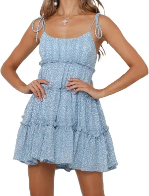 Mansy Womens 2025 Summer Floral Mini Dress Boho Flowy Skater Dresses Short Sleeveless Ruffle Spaghetti Strap Dress