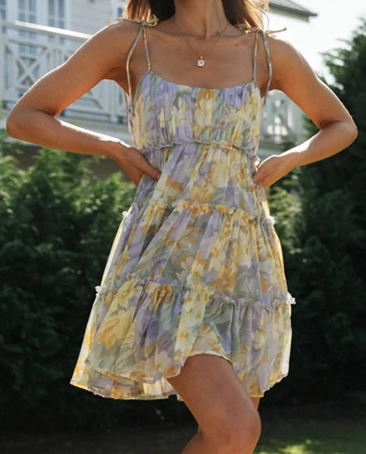 Mansy Womens 2025 Summer Floral Mini Dress Boho Flowy Skater Dresses Short Sleeveless Ruffle Spaghetti Strap Dress