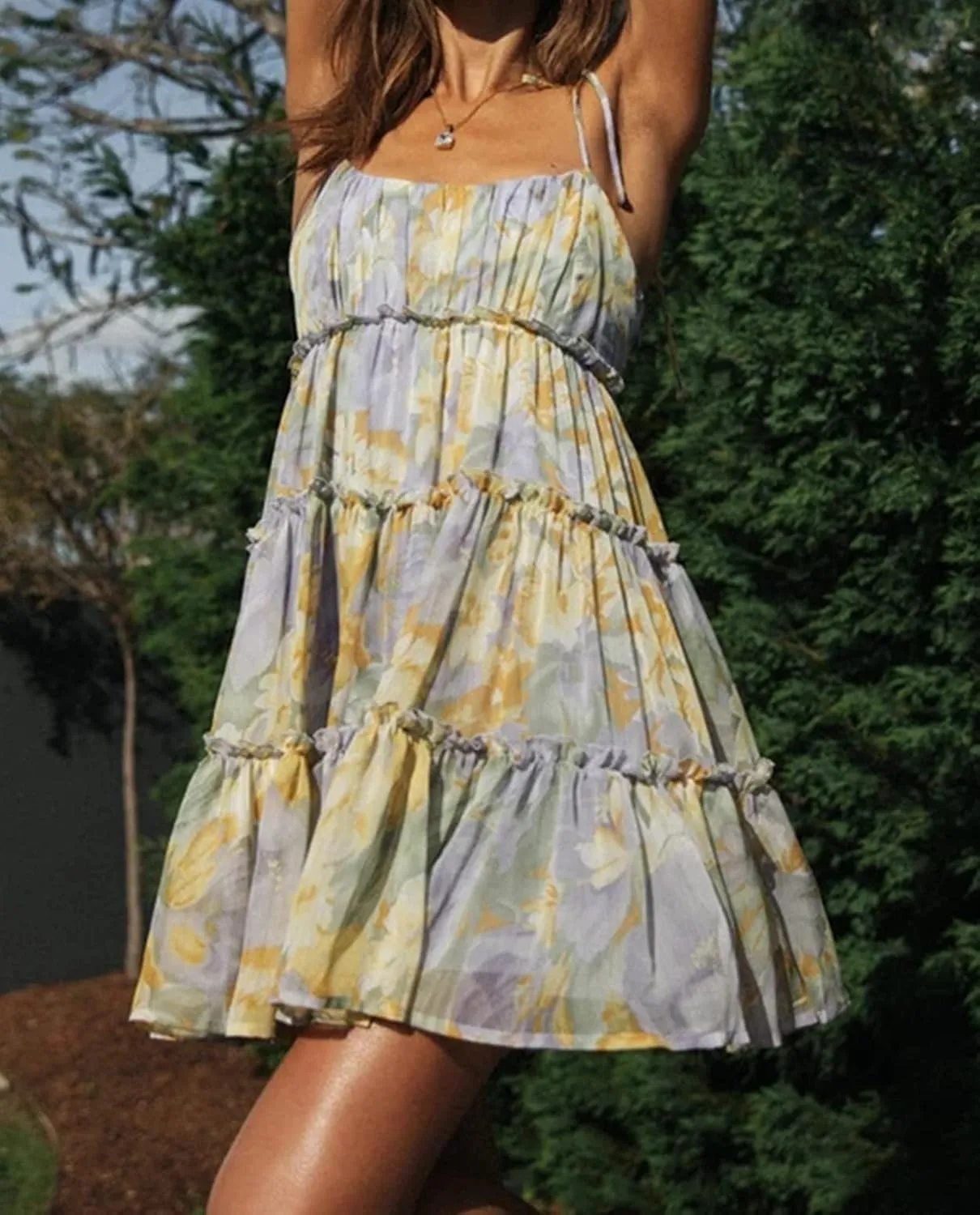 Mansy Womens 2025 Summer Floral Mini Dress Boho Flowy Skater Dresses Short Sleeveless Ruffle Spaghetti Strap Dress