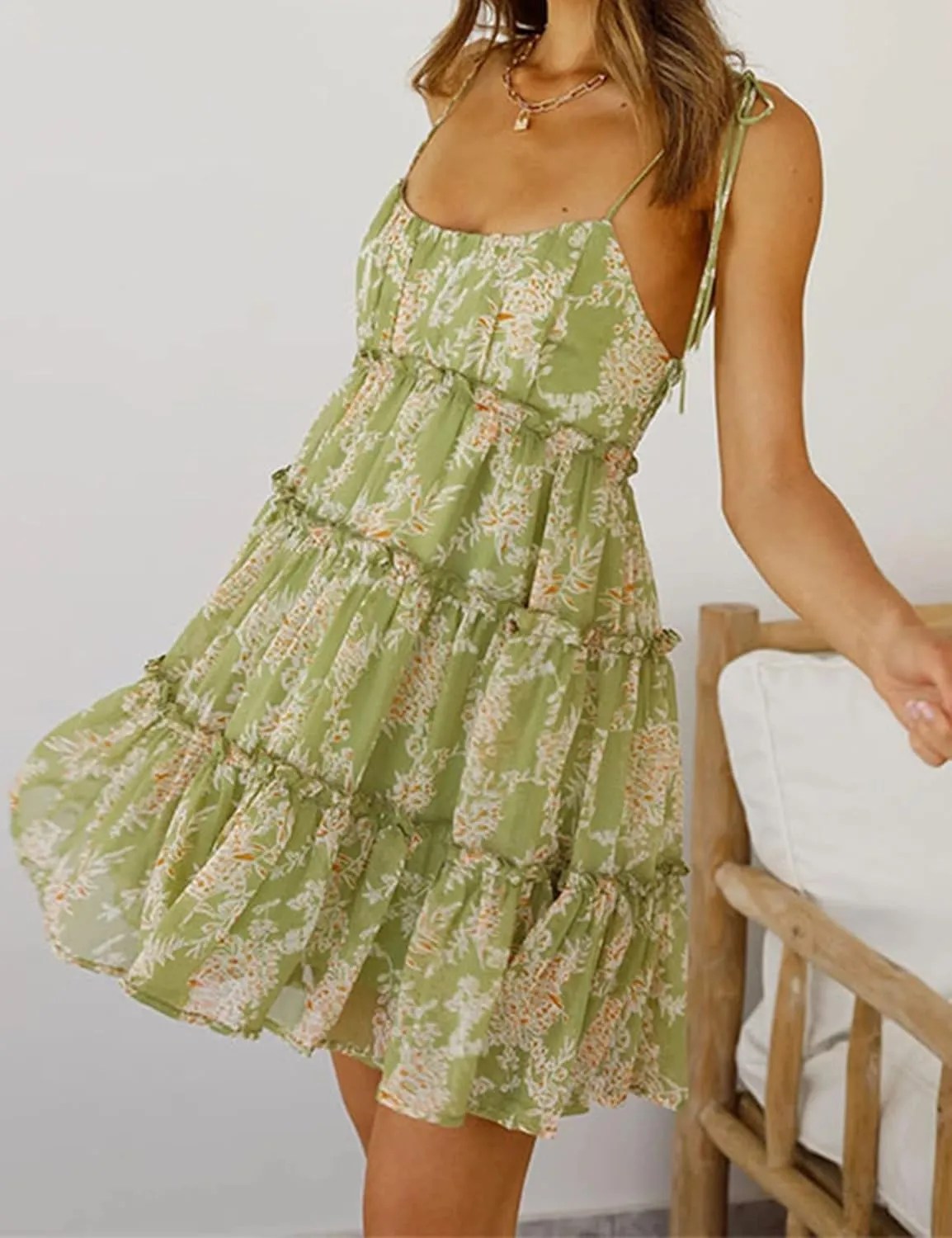 Mansy Womens 2025 Summer Floral Mini Dress Boho Flowy Skater Dresses Short Sleeveless Ruffle Spaghetti Strap Dress