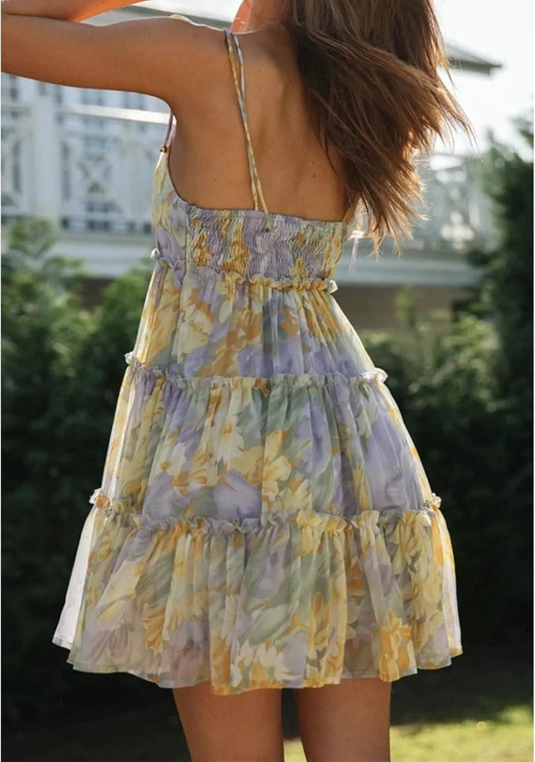 Mansy Womens 2025 Summer Floral Mini Dress Boho Flowy Skater Dresses Short Sleeveless Ruffle Spaghetti Strap Dress