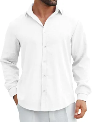 MAPICK Men's Linen Shirt Long Sleeve Button Down Casual Shirts Untucked Dress Shirts Beach Vacation Fall Tops