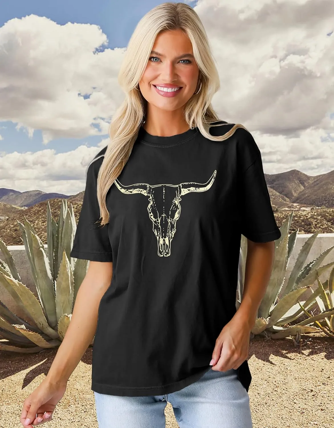 MAPICK Women Boho Cow Skull T-Shirts Western Cowgirls Graphic Crewneck Shirts Country Concert Short Sleeve Outfits