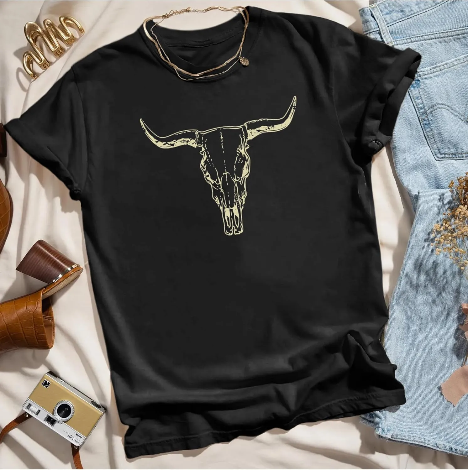 MAPICK Women Boho Cow Skull T-Shirts Western Cowgirls Graphic Crewneck Shirts Country Concert Short Sleeve Outfits