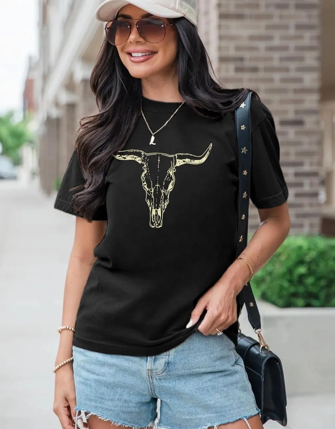 MAPICK Women Boho Cow Skull T-Shirts Western Cowgirls Graphic Crewneck Shirts Country Concert Short Sleeve Outfits