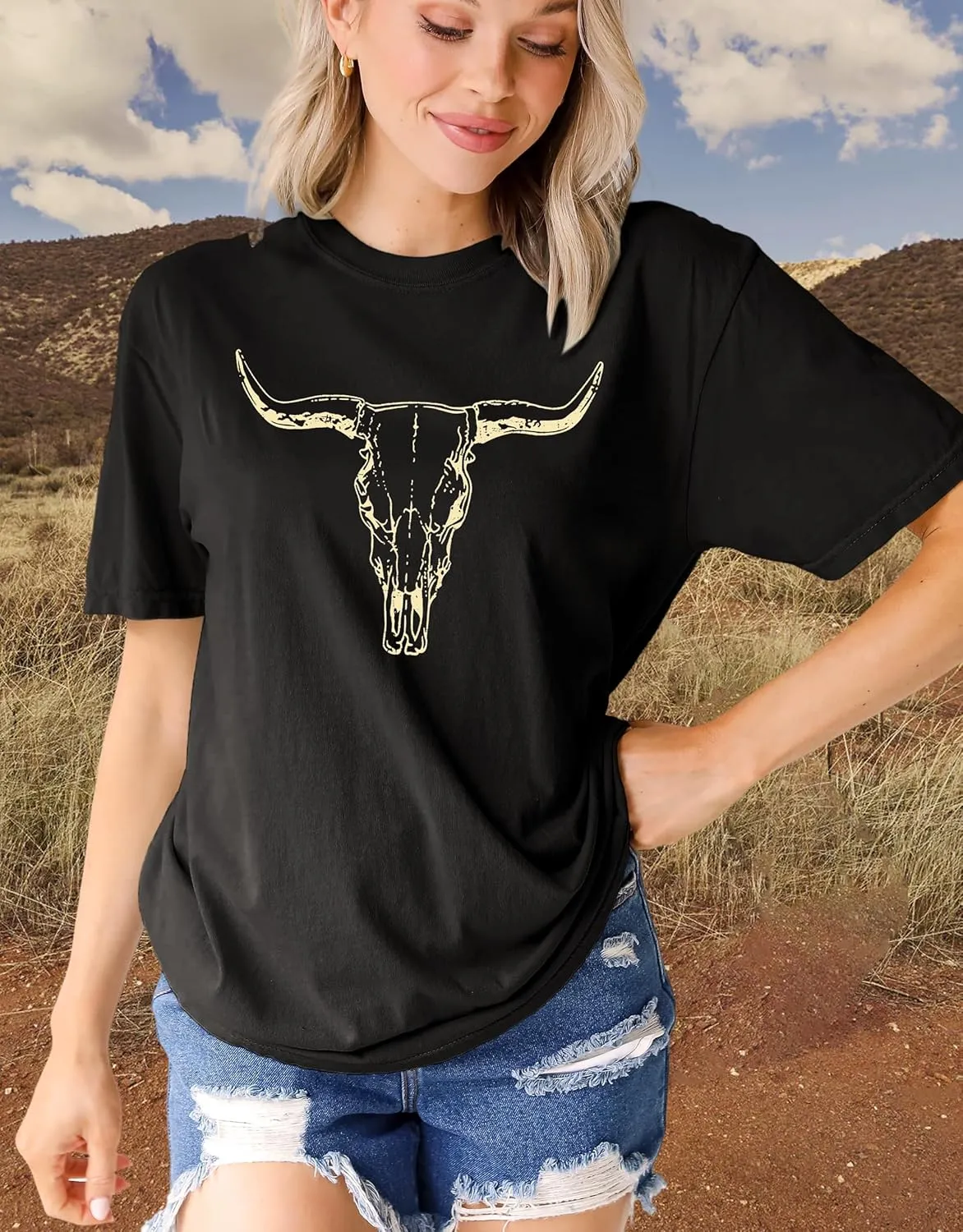 MAPICK Women Boho Cow Skull T-Shirts Western Cowgirls Graphic Crewneck Shirts Country Concert Short Sleeve Outfits