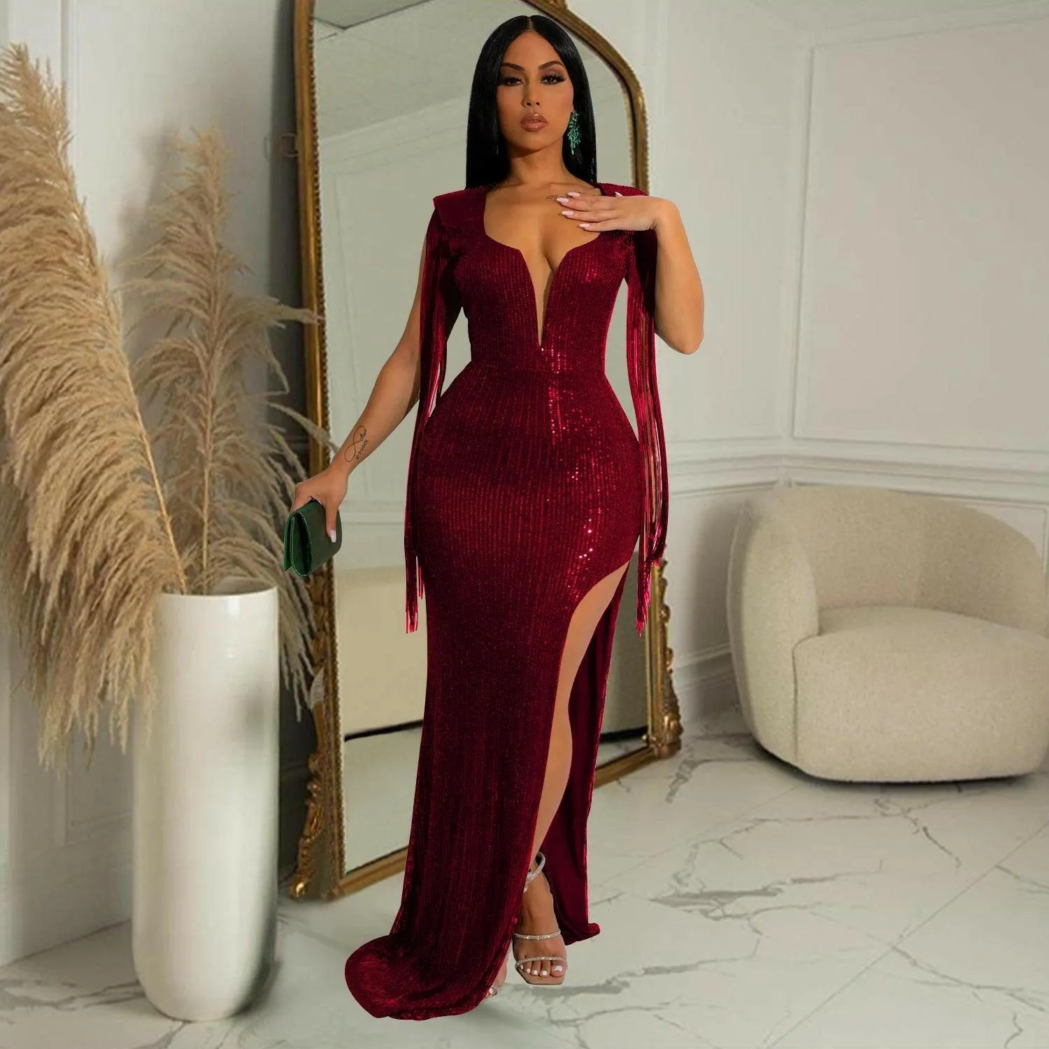 Marthe beaded fringe sleeveless maxi dress-winered-FINAL SALE