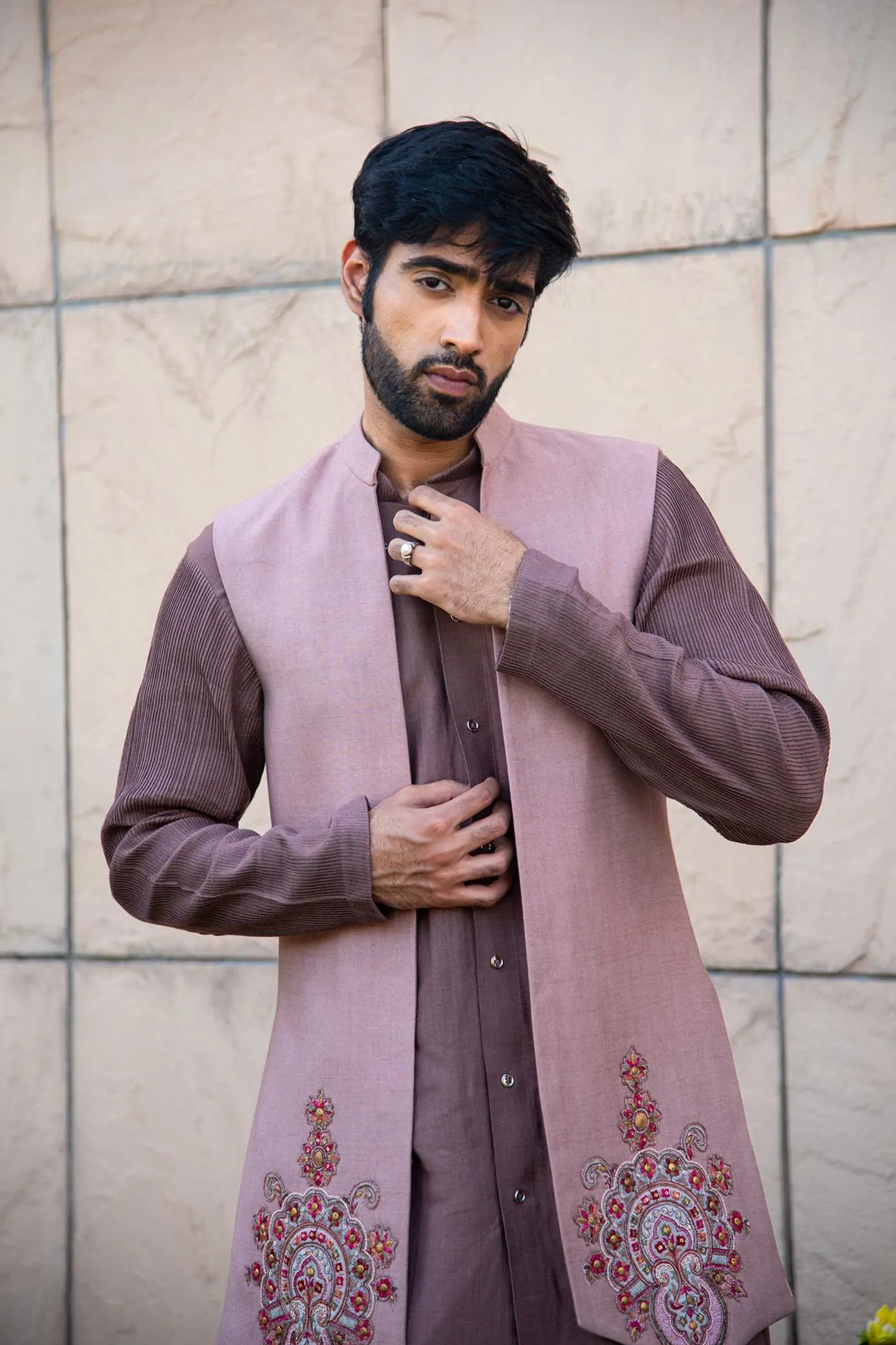 Mauve Coloured Kurta Pants Paired With An Embellished Long Jacket