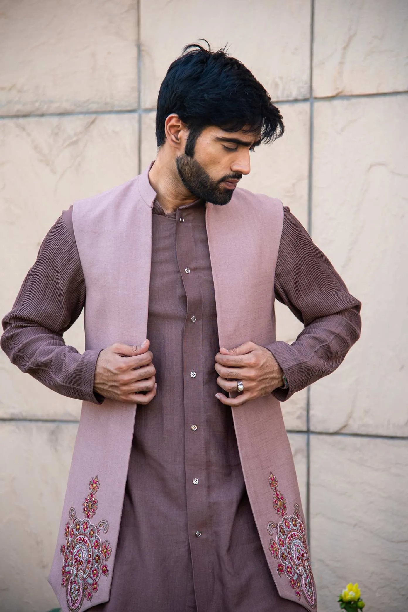 Mauve Coloured Kurta Pants Paired With An Embellished Long Jacket