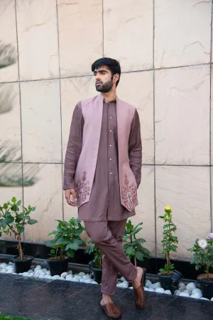 Mauve Coloured Kurta Pants Paired With An Embellished Long Jacket