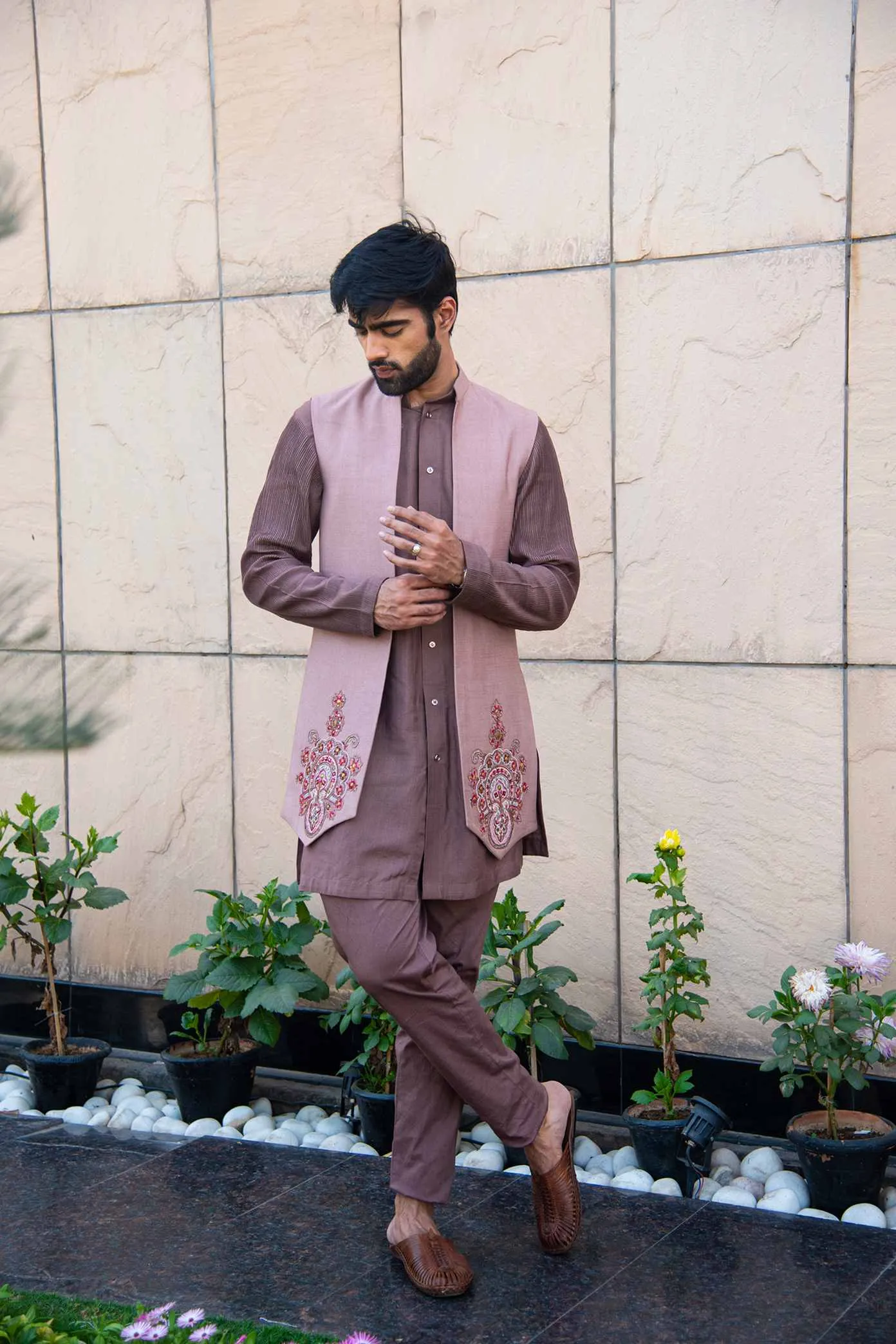 Mauve Coloured Kurta Pants Paired With An Embellished Long Jacket