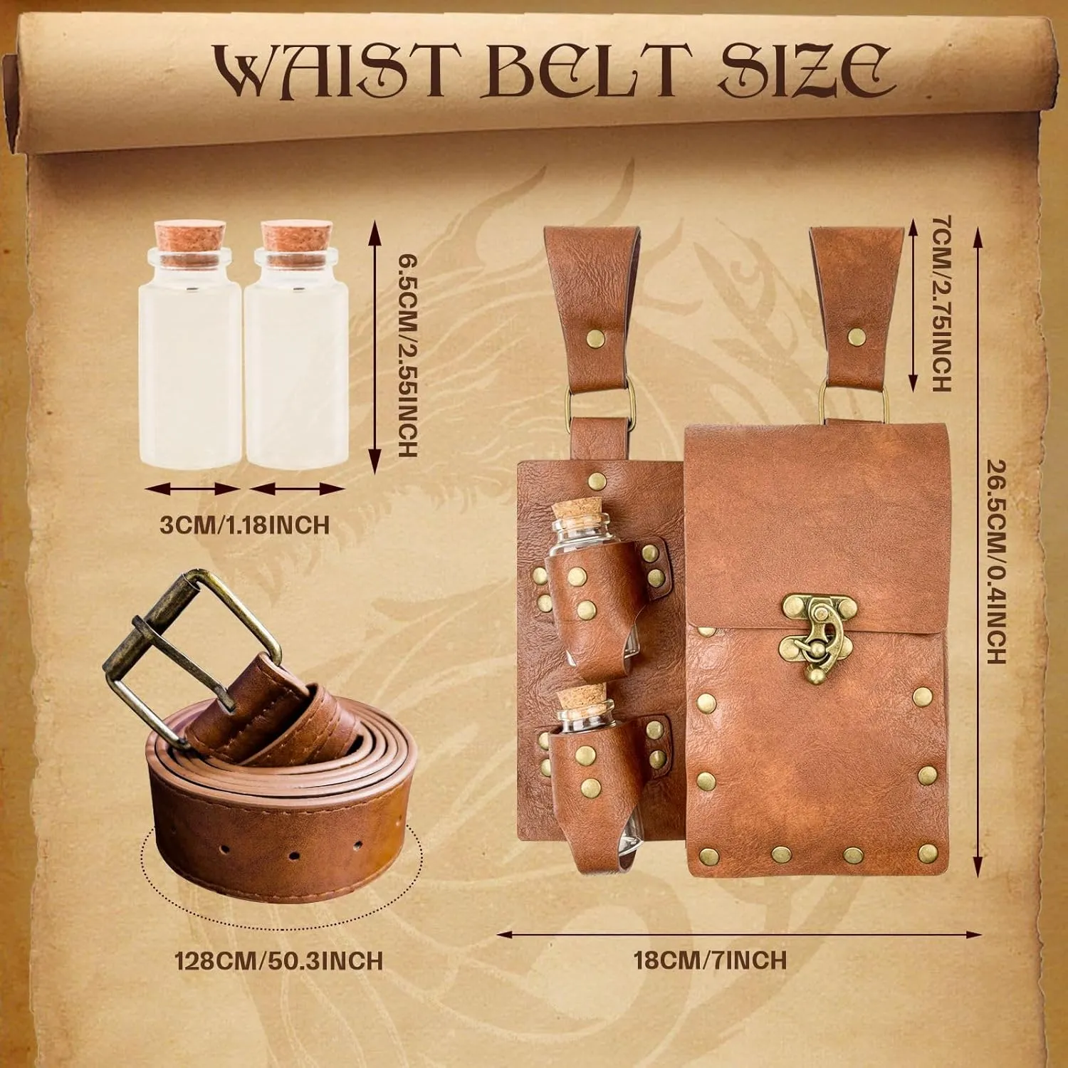 Medieval Alchemy Faux Leather Belt Bag with, Fantasy Wizard Renaissance Waist Pouches for Halloween Cosplay Costume