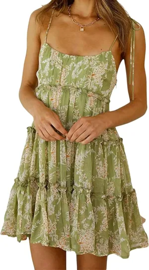 Melliflo Women's Boho Floral Spaghetti Strap Mni Dress Corset Ruffle Hem Flowy Sundress Casual Sleeveless Summer Beach Dress