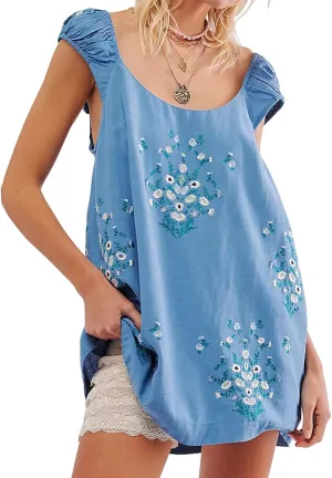 Melliflo Womens Summer Floral Embroidered Mini Dress Boho Cute Babydoll Short Dress Casual Loose Beach Vacation Sundress