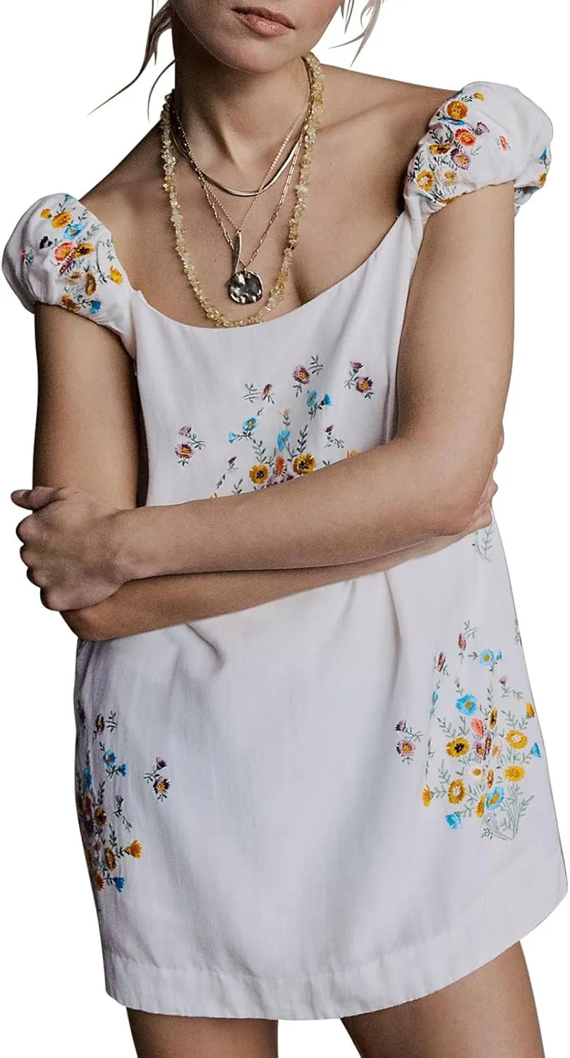 Melliflo Womens Summer Floral Embroidered Mini Dress Boho Cute Babydoll Short Dress Casual Loose Beach Vacation Sundress