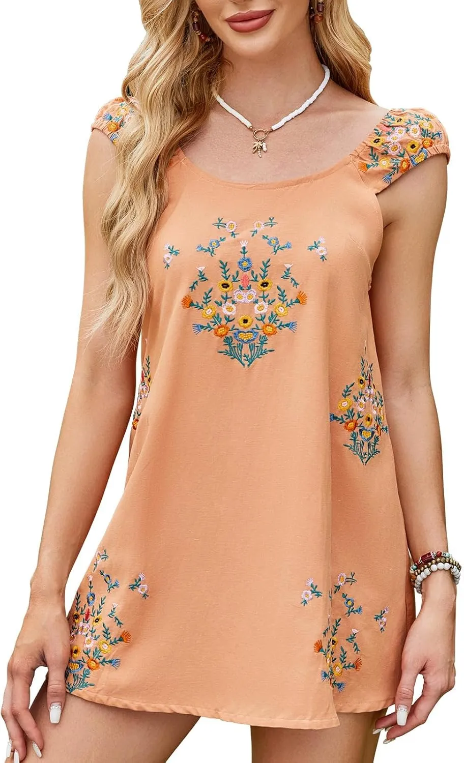 Melliflo Womens Summer Floral Embroidered Mini Dress Boho Cute Babydoll Short Dress Casual Loose Beach Vacation Sundress