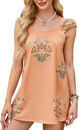 Melliflo Womens Summer Floral Embroidered Mini Dress Boho Cute Babydoll Short Dress Casual Loose Beach Vacation Sundress