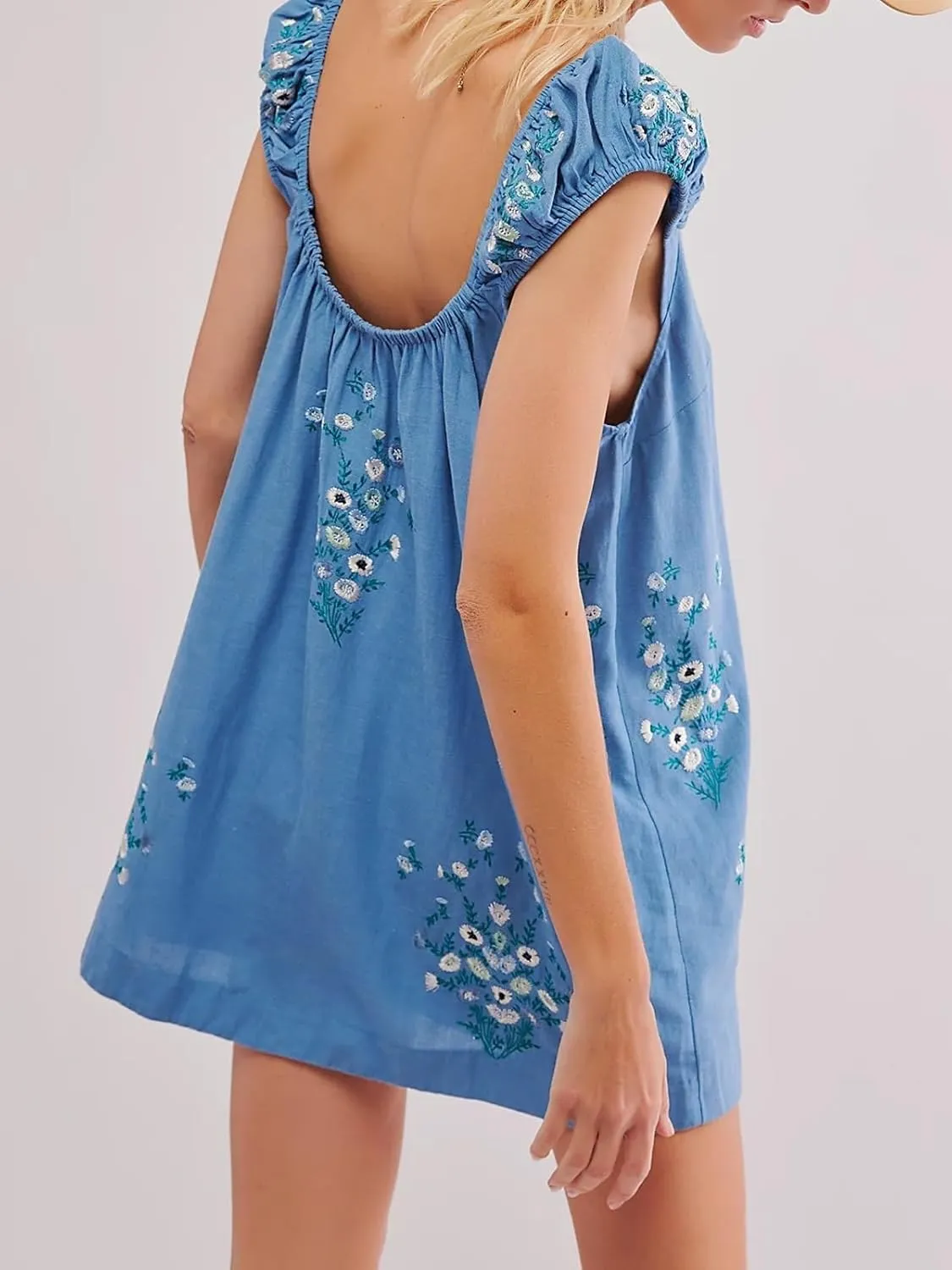 Melliflo Womens Summer Floral Embroidered Mini Dress Boho Cute Babydoll Short Dress Casual Loose Beach Vacation Sundress