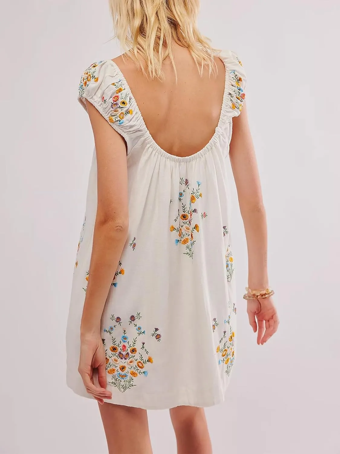 Melliflo Womens Summer Floral Embroidered Mini Dress Boho Cute Babydoll Short Dress Casual Loose Beach Vacation Sundress
