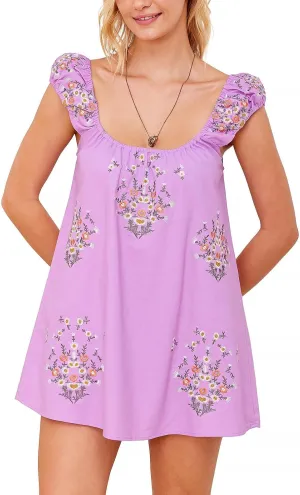 Melliflo Womens Summer Floral Embroidered Mini Dress Boho Cute Babydoll Short Dress Casual Loose Beach Vacation Sundress