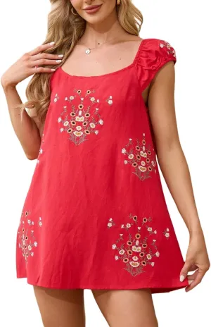 Melliflo Womens Summer Floral Embroidered Mini Dress Boho Cute Babydoll Short Dress Casual Loose Beach Vacation Sundress