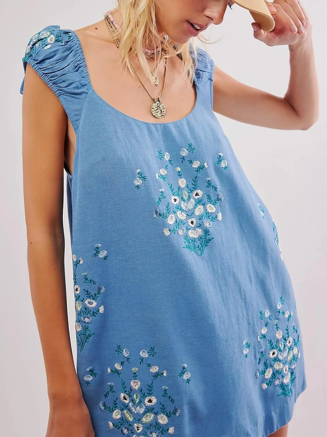 Melliflo Womens Summer Floral Embroidered Mini Dress Boho Cute Babydoll Short Dress Casual Loose Beach Vacation Sundress