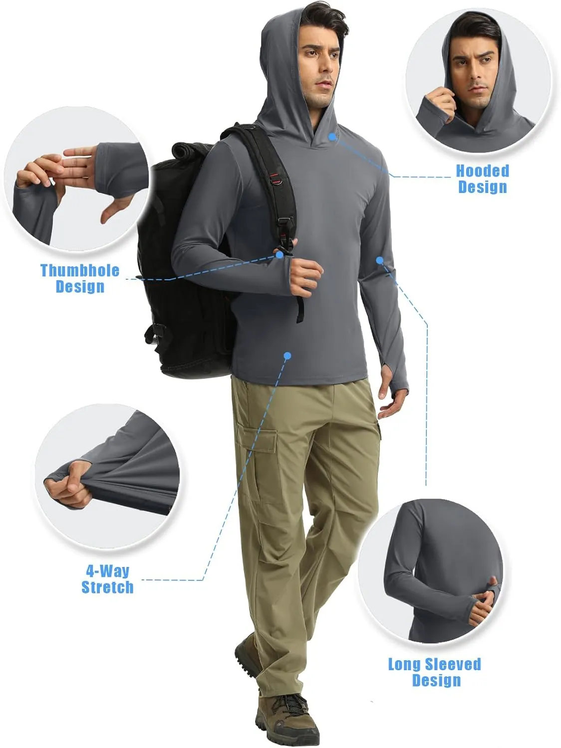 Men Athletic Hoodies Long Sleeve Fishing Shirts UPF 50  Sun Protection Dry Fit Wicking Hooded Running Shirts
