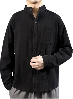 Mens Baggy Long Sleeve Cotton Linen Shirts Big and Tall Stand Collar Button Down Hippie Lounge Tops M-5XL