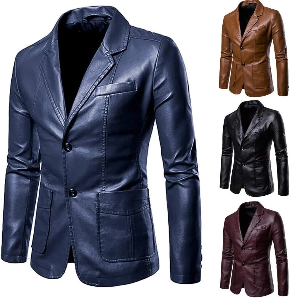 Men's Casual Coat Solid Leather Faux Single Breasted Blazers Jacket Slim Lapel Collar Pocket Warm Motorcycle Suit