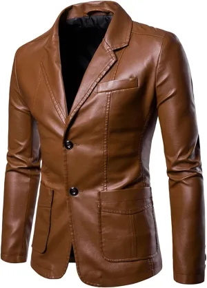 Men's Casual Coat Solid Leather Faux Single Breasted Blazers Jacket Slim Lapel Collar Pocket Warm Motorcycle Suit