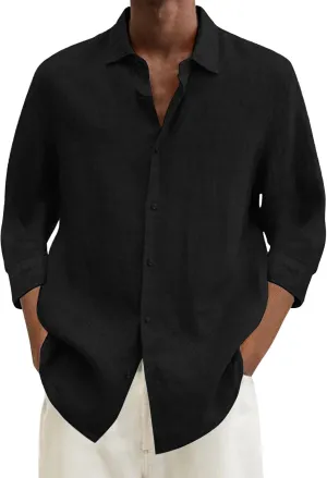 Mens Cotton Linen Button Down Shirt Long Sleeve Shirts for Men Casual Plus Size Beach Summer Lightweight Dress Tops