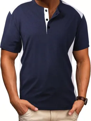 Men's Cotton Linen Henley Shirt Short Sleeve Band Collar Solid Hippie Casual Summer Beach T-Shirts with Pocket