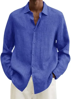 Mens Cotton Linen Long Sleeve Shirts Casual Lightweight Button Down T-shirts Summer Vacation Beach Tops Cuban Shirt