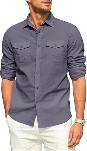 Men's Cotton Linen Shirt Casual Long Sleeve Button Down Dress Shirts Summer Beach Top Slim-Fit Two-Pocket Utility Shirt