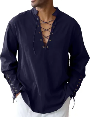 Men's Cotton Linen Shirt Drawstring Arm Banded Tops Medieval Viking Pirate Renaissance Halloween Costume