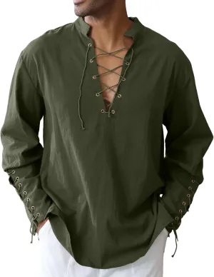 Men's Cotton Linen Shirt Drawstring Arm Banded Tops Medieval Viking Pirate Renaissance Halloween Costume