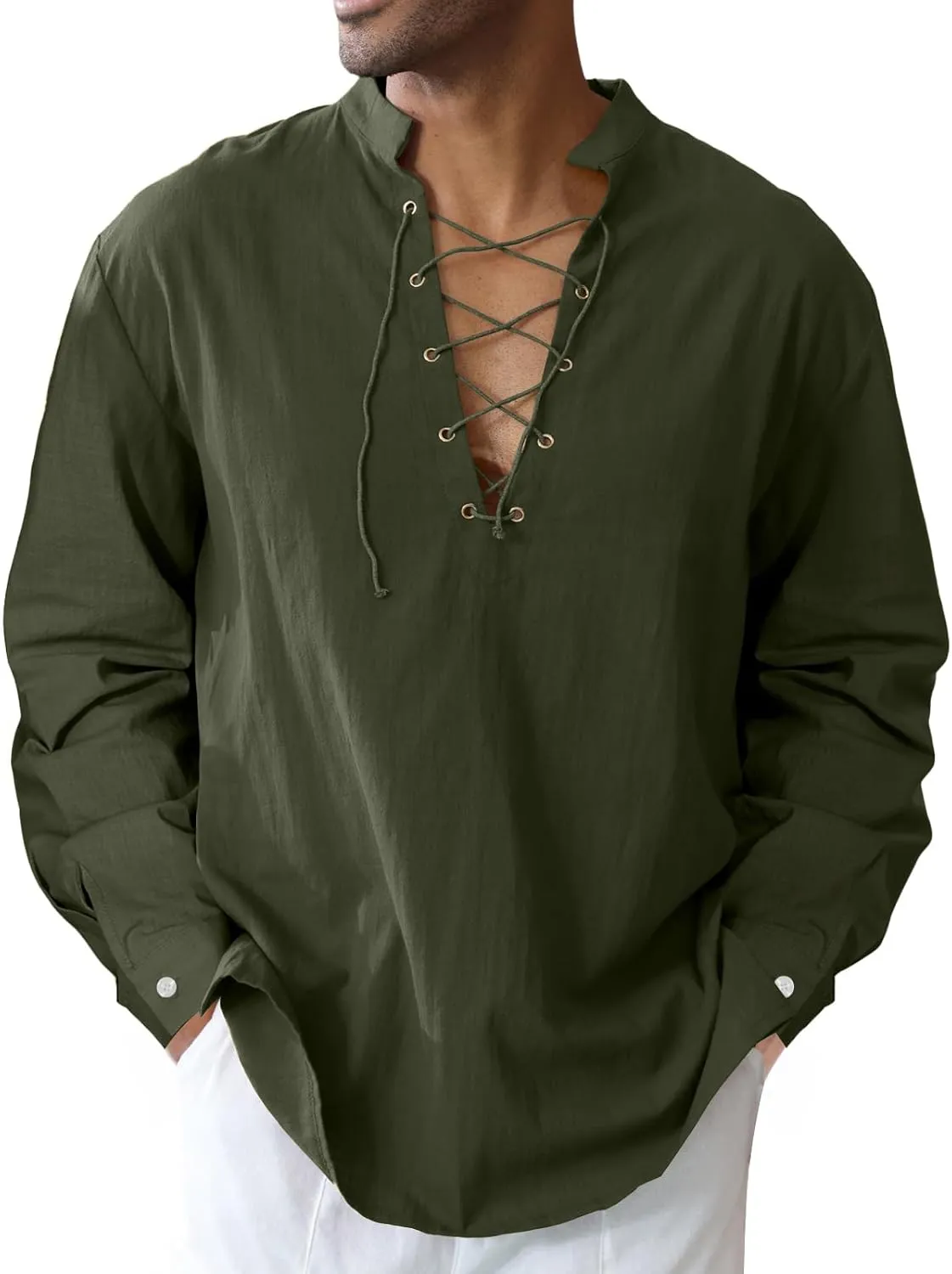 Men's Cotton Linen Shirt Drawstring Arm Banded Tops Medieval Viking Pirate Renaissance Halloween Costume
