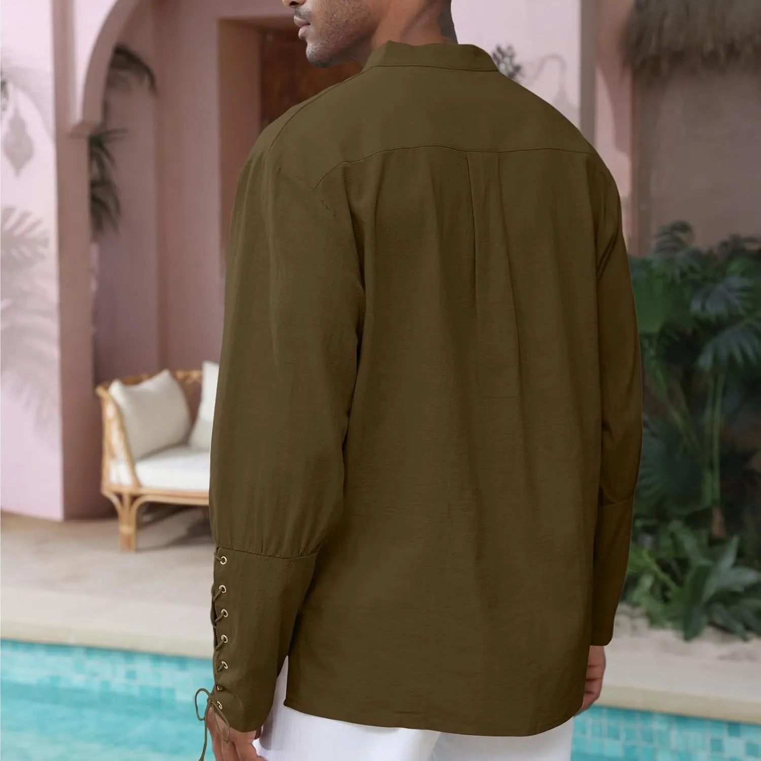 Men's Cotton Linen Shirt Drawstring Arm Banded Tops Medieval Viking Pirate Renaissance Halloween Costume