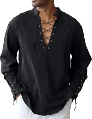 Men's Cotton Linen Shirt Drawstring Arm Banded Tops Medieval Viking Pirate Renaissance Halloween Costume
