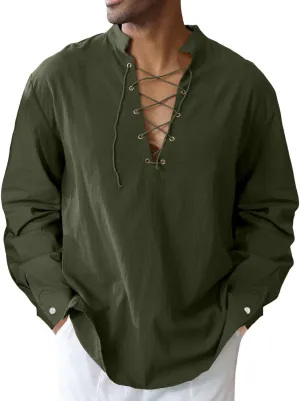 Men's Cotton Linen Shirt Drawstring Arm Banded Tops Medieval Viking Pirate Renaissance Halloween Costume