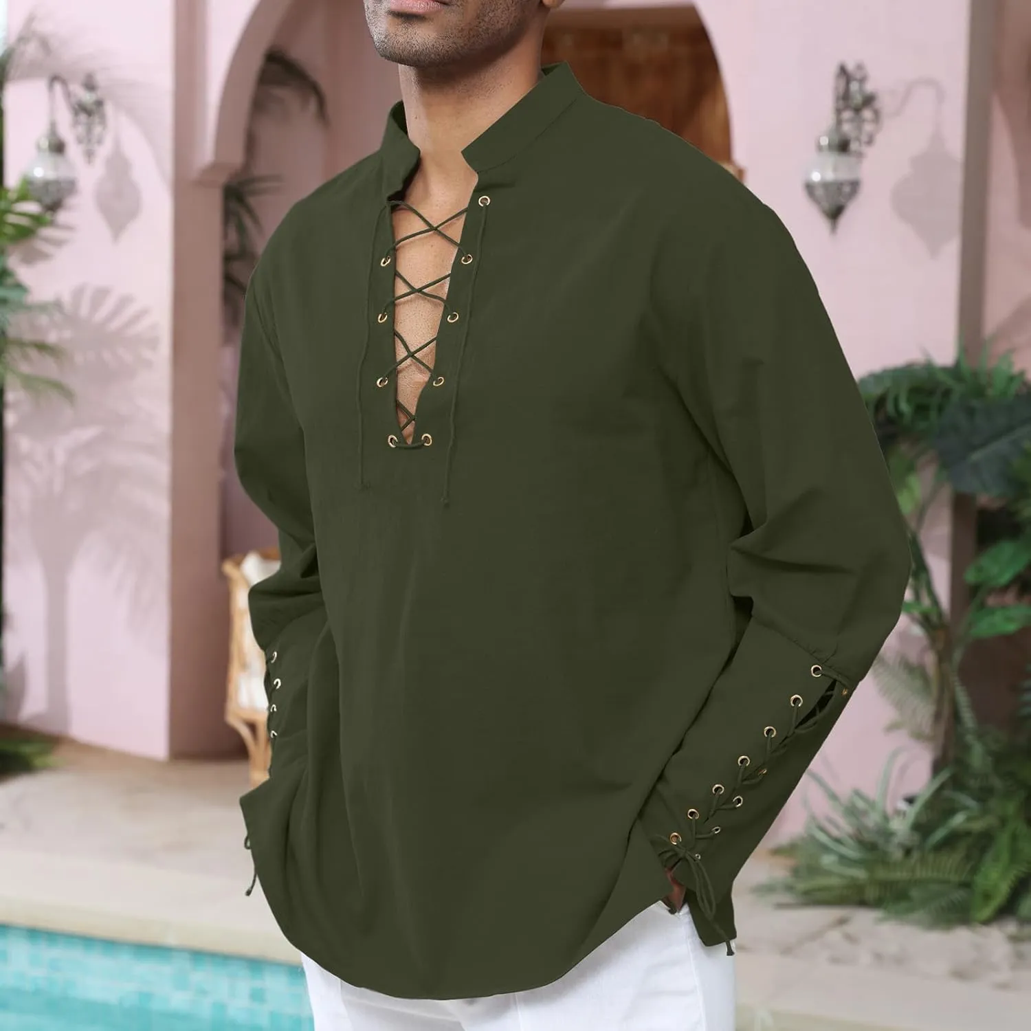 Men's Cotton Linen Shirt Drawstring Arm Banded Tops Medieval Viking Pirate Renaissance Halloween Costume