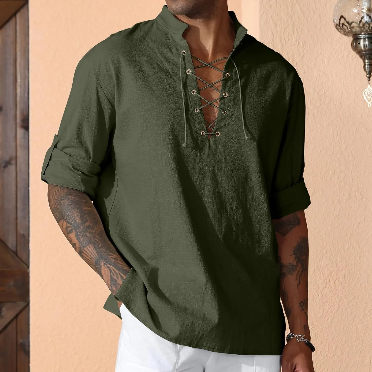 Men's Cotton Linen Shirt Drawstring Arm Banded Tops Medieval Viking Pirate Renaissance Halloween Costume