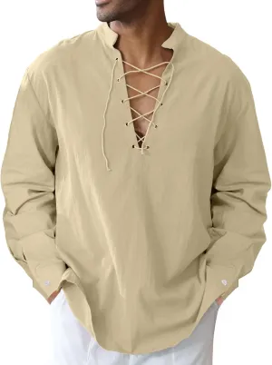Men's Cotton Linen Shirt Drawstring Arm Banded Tops Medieval Viking Pirate Renaissance Halloween Costume
