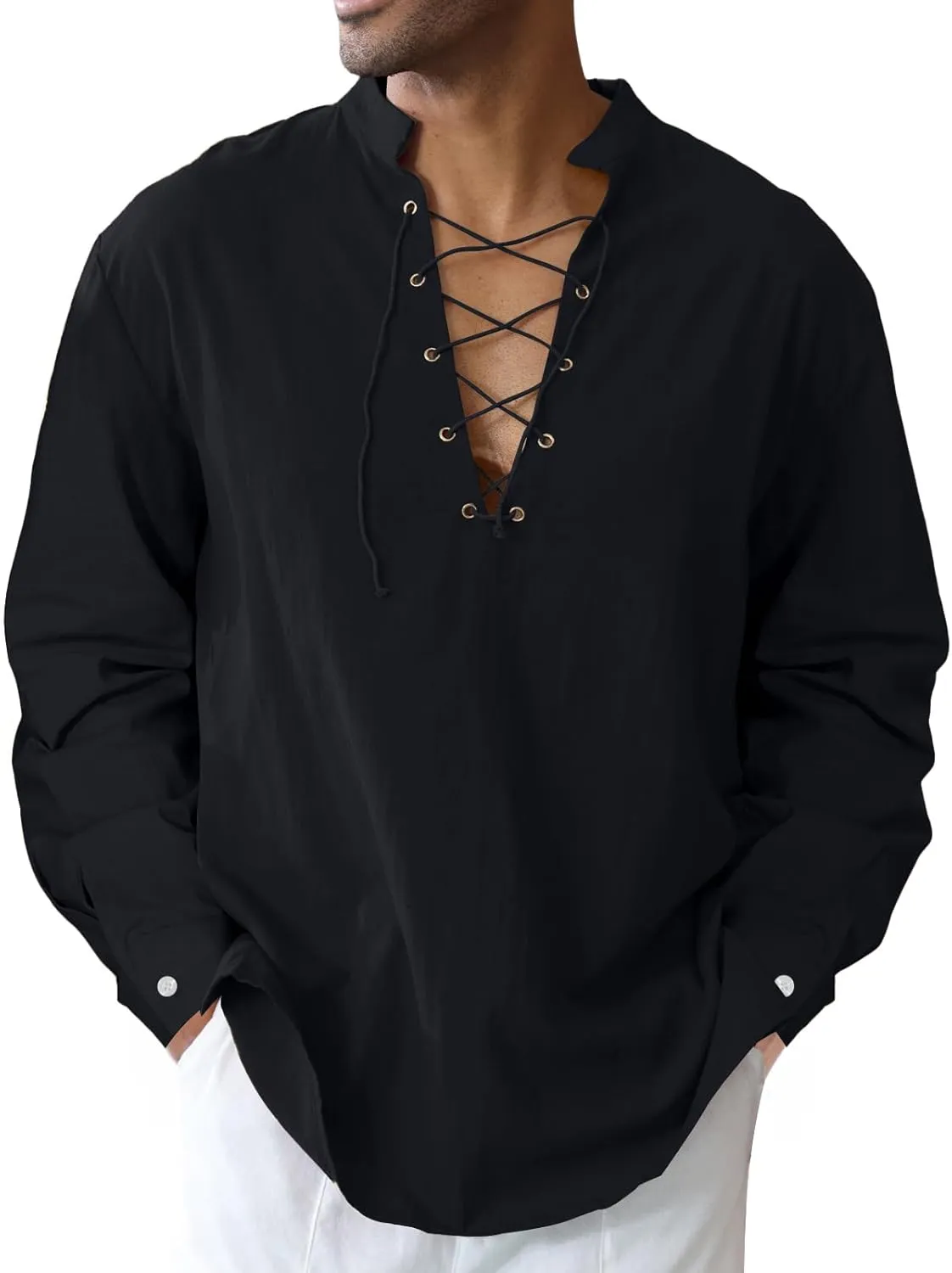 Men's Cotton Linen Shirt Drawstring Arm Banded Tops Medieval Viking Pirate Renaissance Halloween Costume