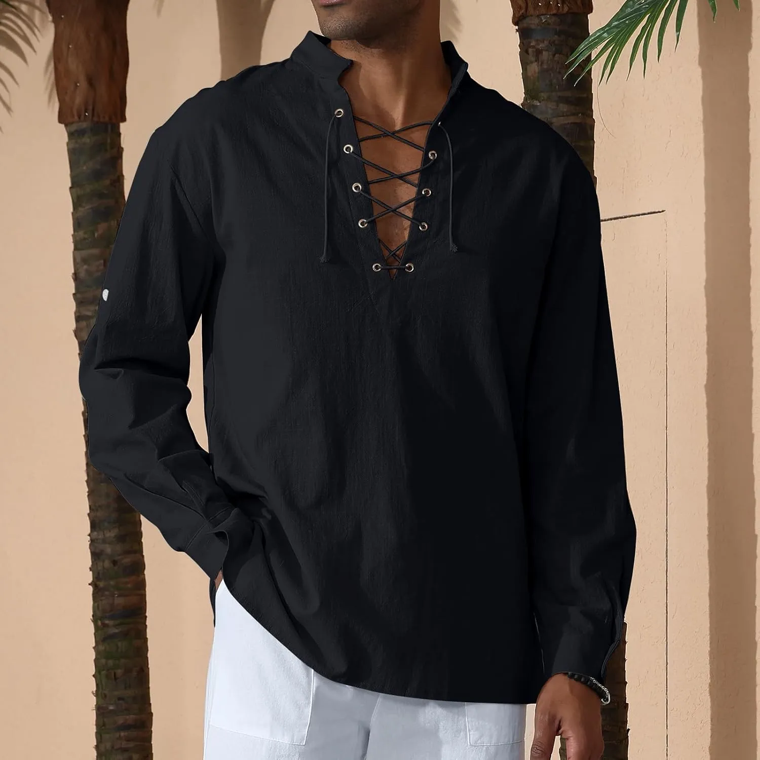 Men's Cotton Linen Shirt Drawstring Arm Banded Tops Medieval Viking Pirate Renaissance Halloween Costume